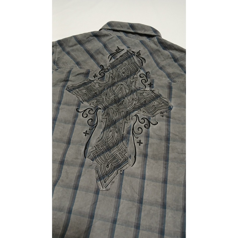 Affliction Black Premium Mens Short Sleeve Button Shirt Embroidered Cross Medium - Picture 6 of 8
